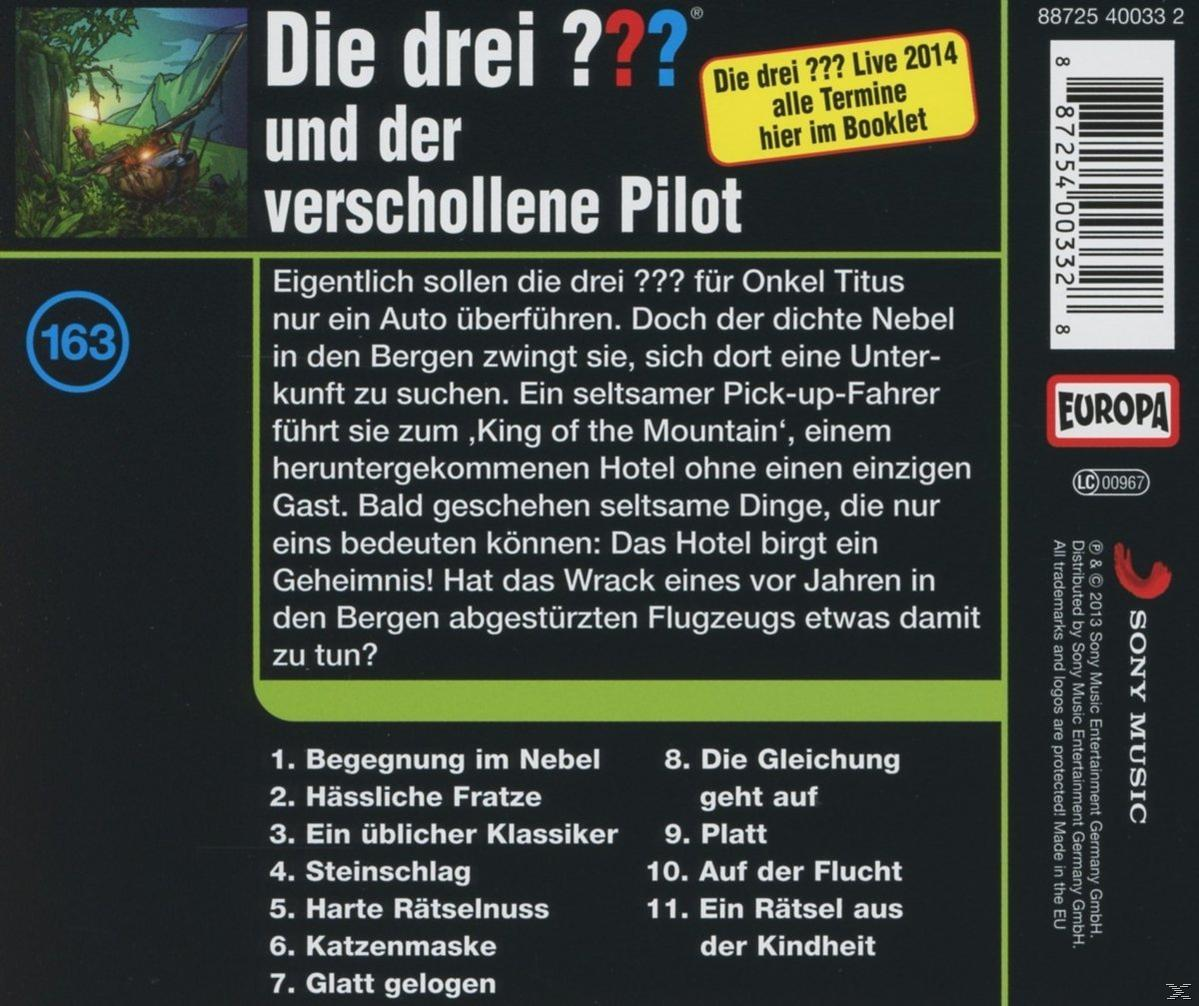 Rückseite einer CD-Hülle für Die Drei ??? und der verschollene Pilot, mit Text und einem Cartoonbild.