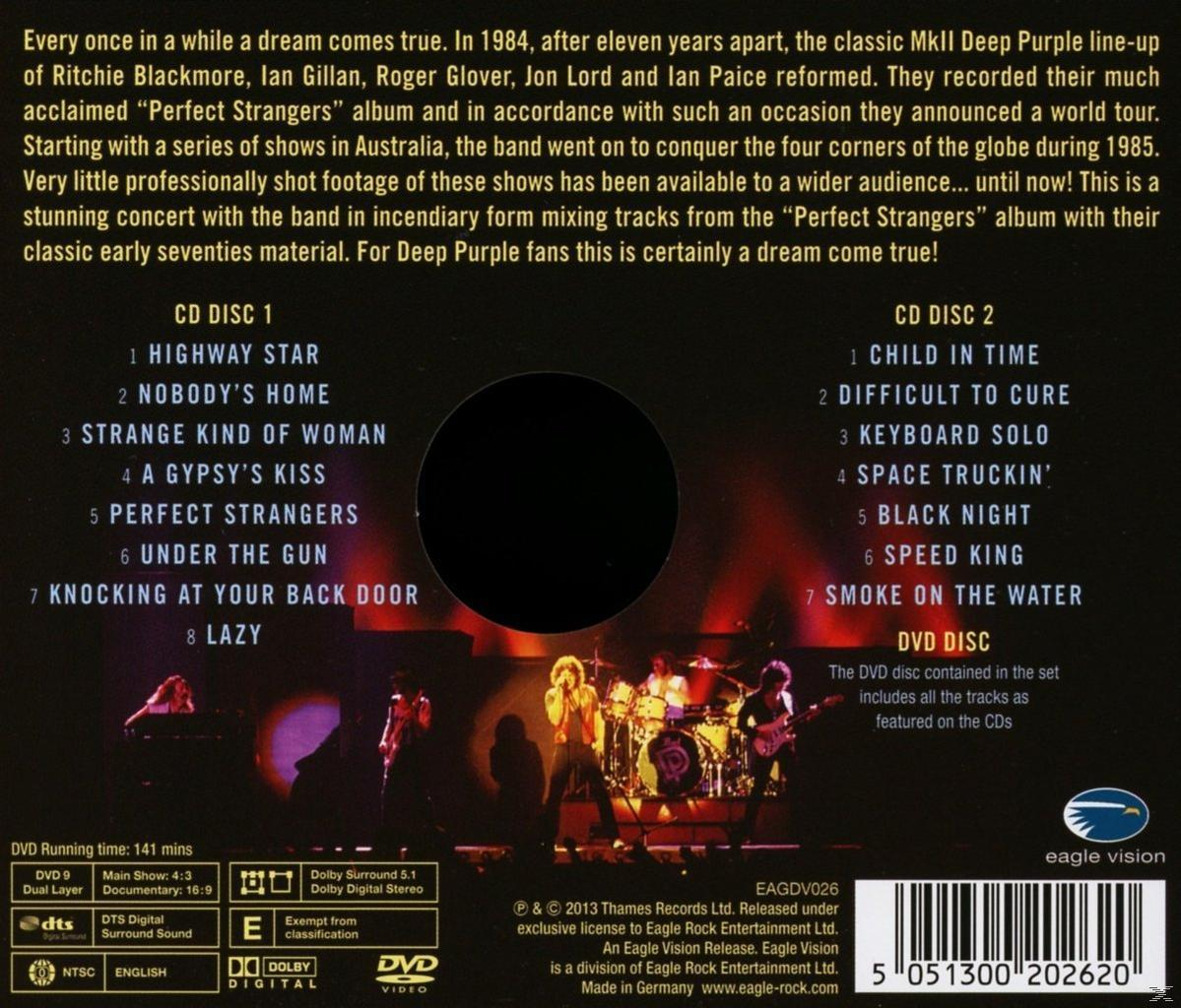 CD-Cover mit Titelliste und Band auf der Bühne. Deep Purple.