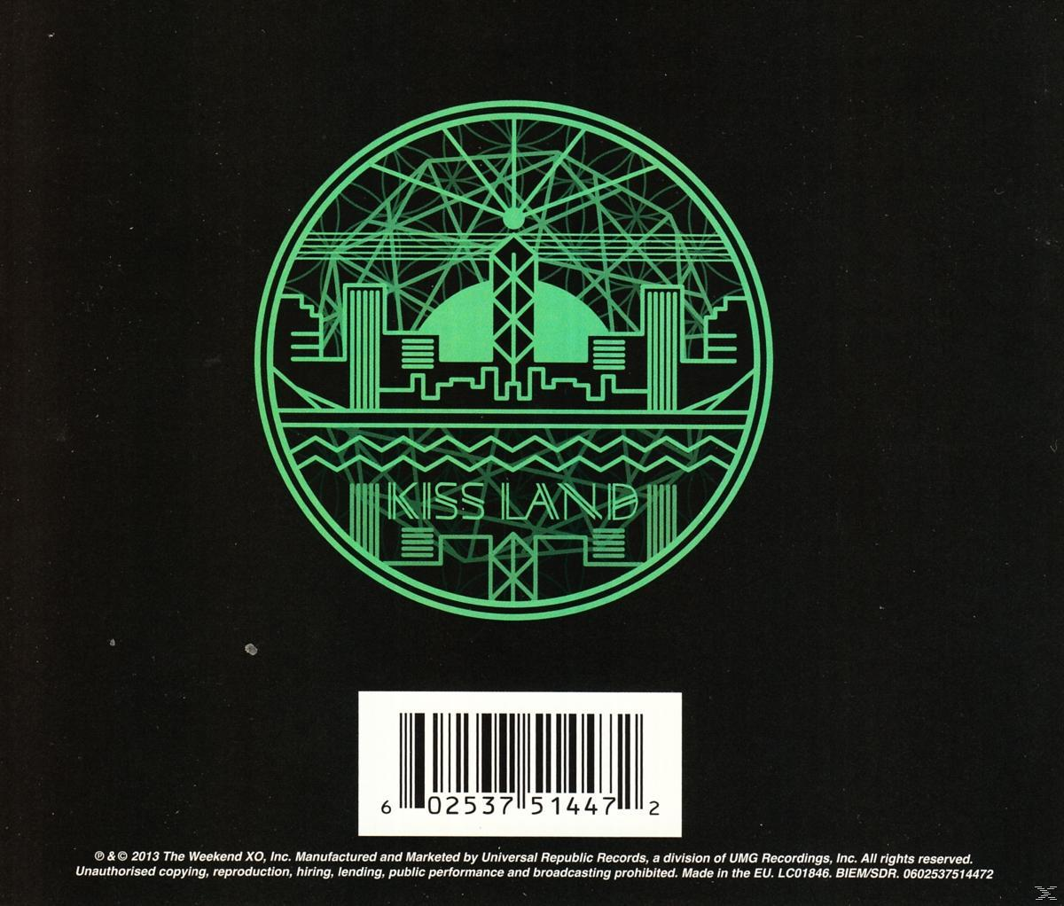 Albumcover für 'Kiss Land'. Eine grüne Grafik auf schwarzem Hintergrund mit Barcode.