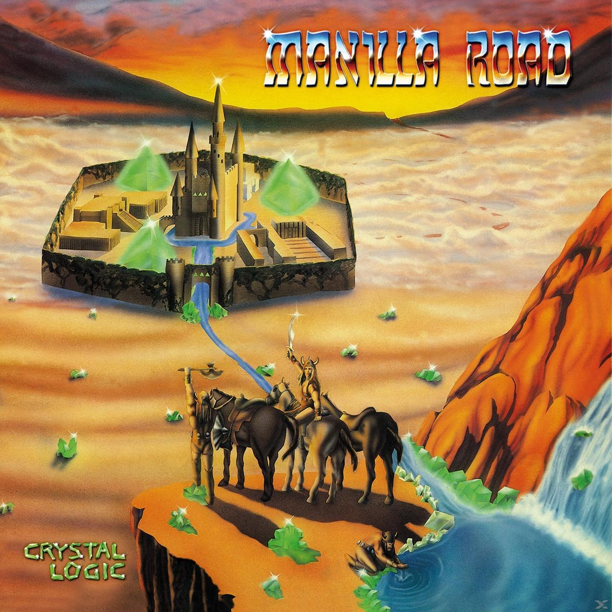 Manilla Road Albumcover. Fantasy-Kunstwerk eines Schlosses, Kriegern und einem Wasserfall vor einem Sonnenuntergang.