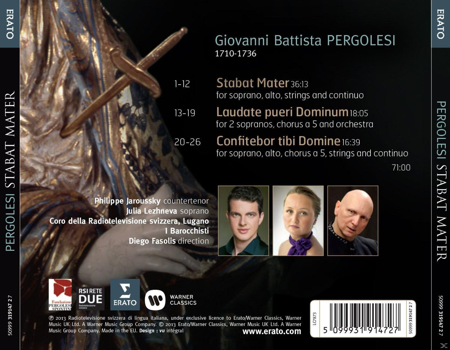 Rückseite einer CD mit Text und Bildern von drei Personen. Text: Pergolessi Stabat Mater.