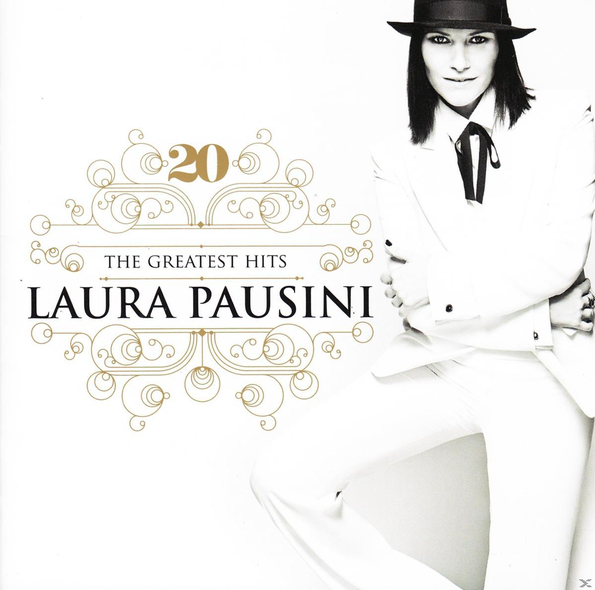 Albumcover: Laura Pausini in weißem Anzug, Titel: '20 The Greatest Hits'.