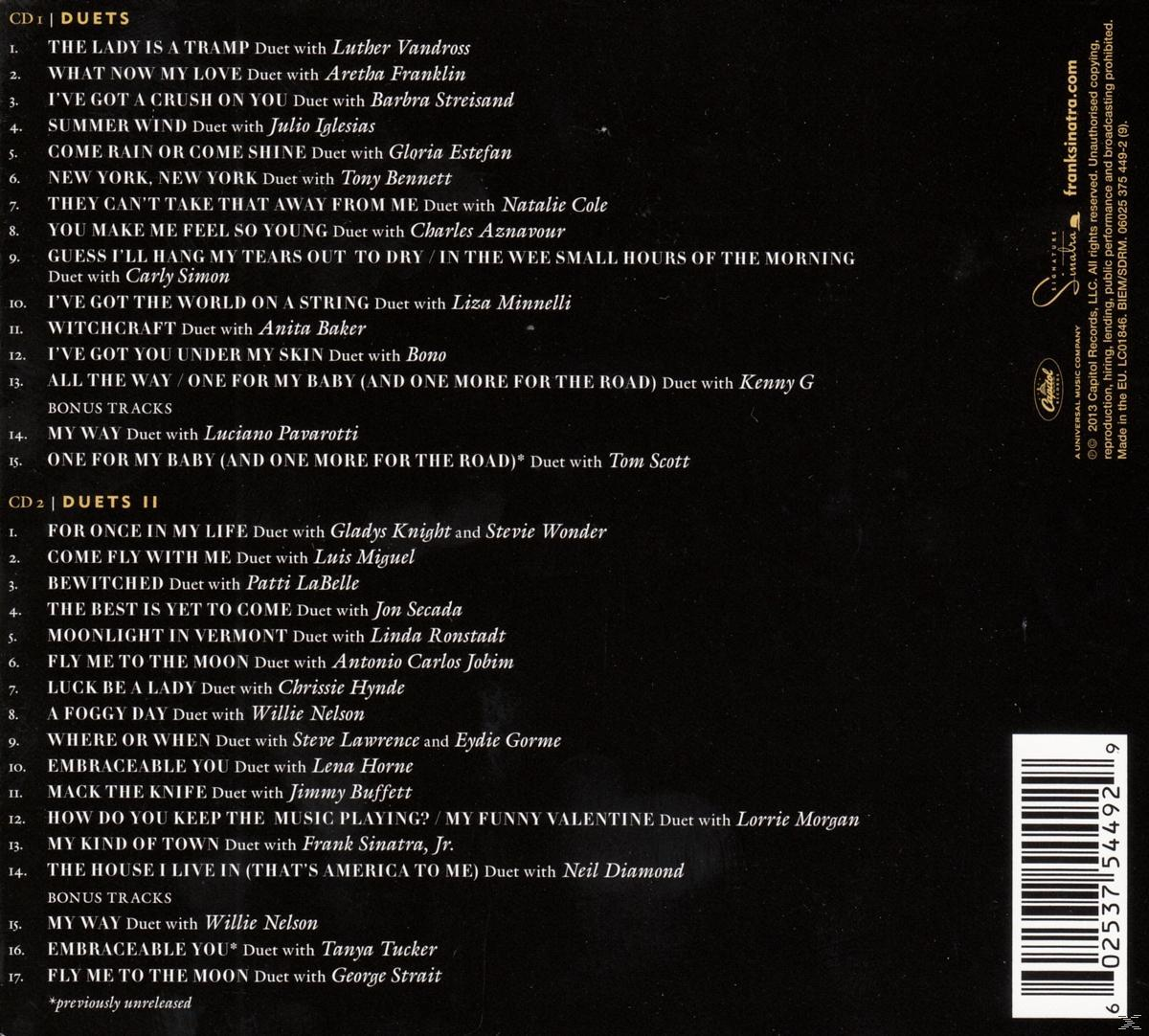 Ein CD-Cover mit Songtiteln, mit Künstlern wie Frank Sinatra und mit Duetten.
