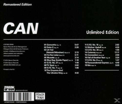 Schwarzes CD-Cover mit weißem 'CAN', Trackliste und Text auf schwarzem Hintergrund.