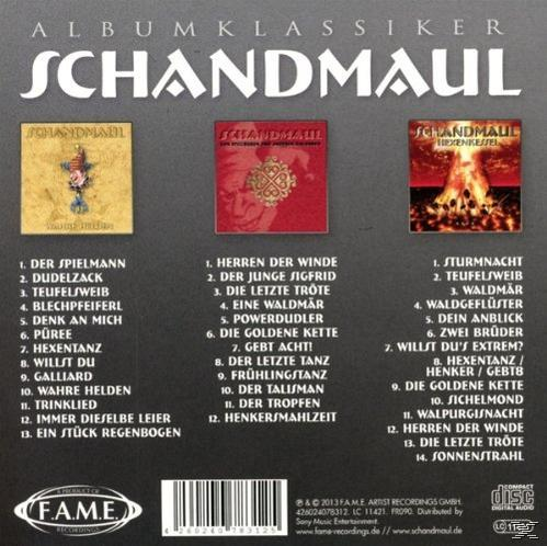 Albumcover mit drei Albumcovern. Text auf Deutsch. Titel: Schandmaul.