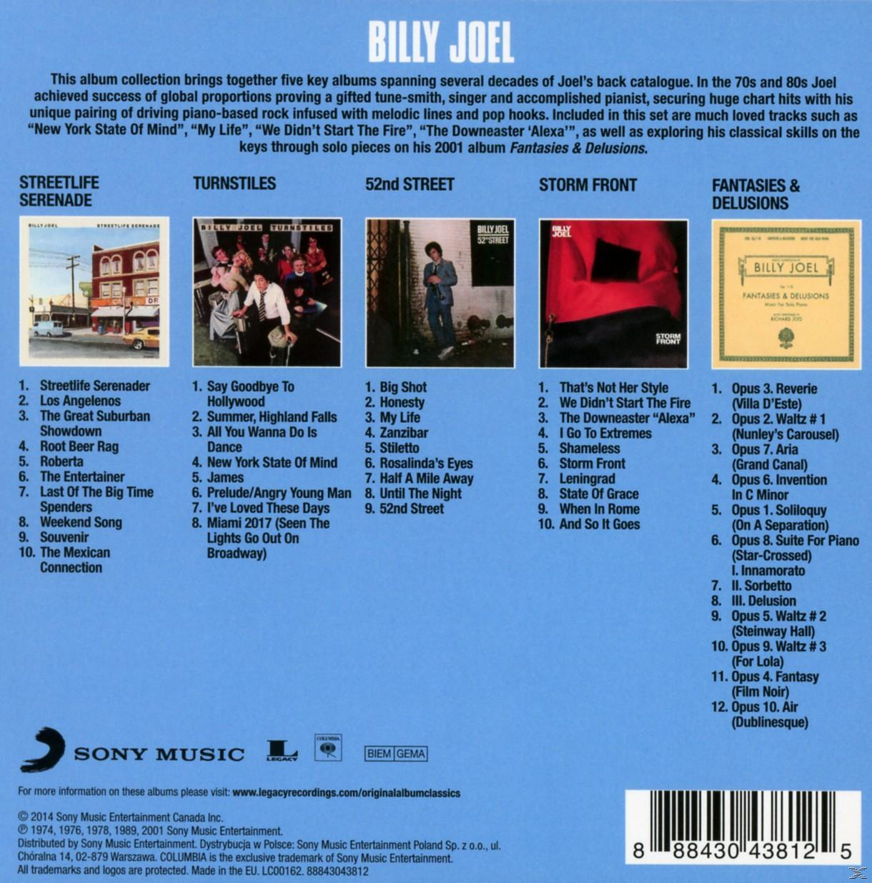 Ein CD-Cover mit Titelliste und Bildern von Billy Joel. Text auf dem Hintergrund.