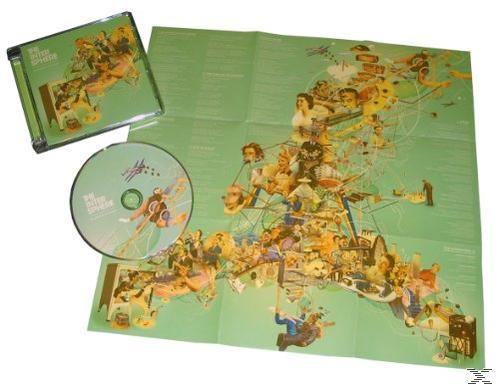 CD, CD-Hülle und Karte mit Zeichentrickfiguren. Die CD zeigt eine Cartoonfigur.