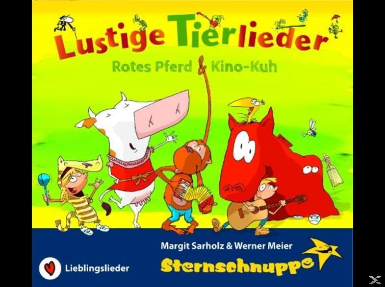 Illustration von Zeichentieren mit Musikinstrumenten und dem Text "Lustige Tierlieder".