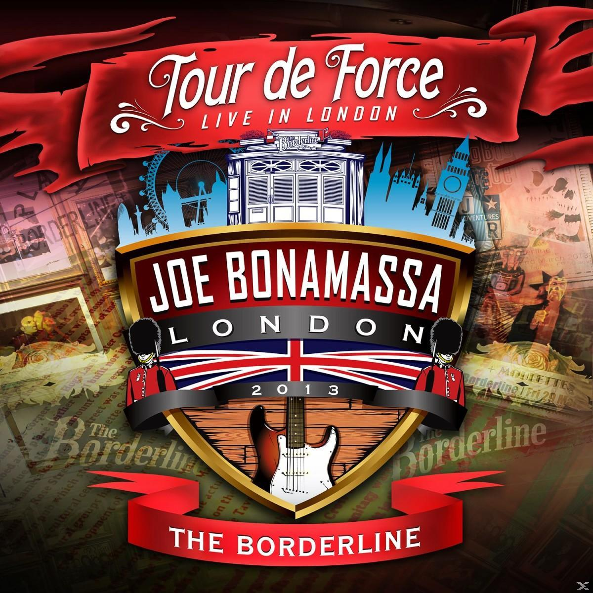 Koncertplakát, piros szalag, Joe Bonamassa, London, gitár és a Union Jack. The Borderline.