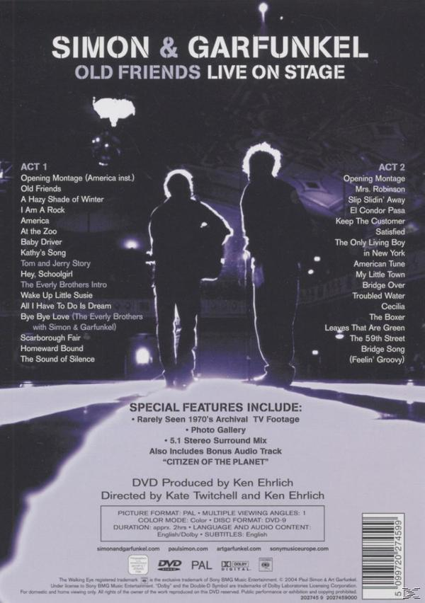 DVD hátlap: Simon & Garfunkel élőben a színpadon. A duó fekete-fehér képe számlistával.