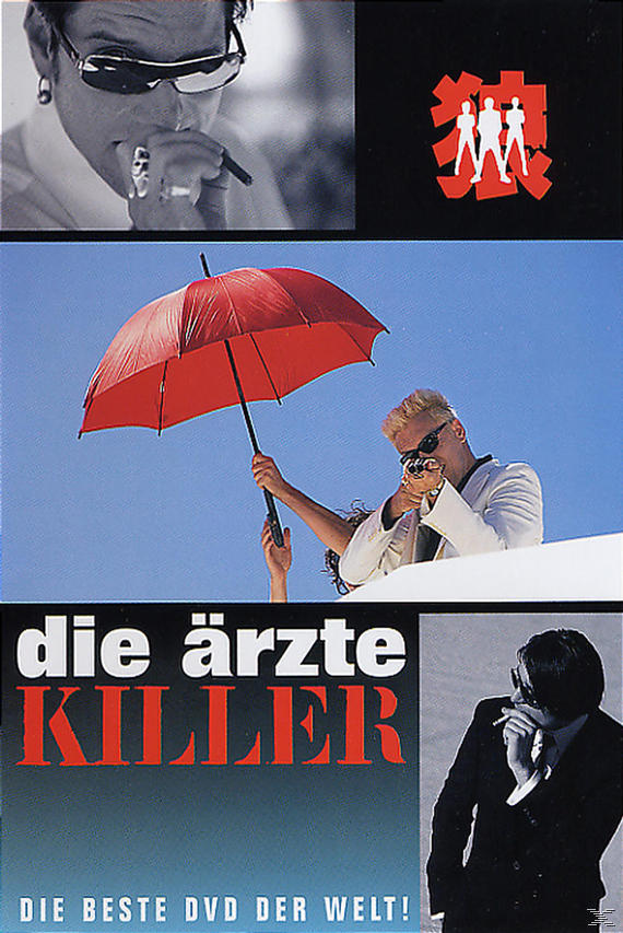 Mehrere Bilder: Mann mit Sonnenbrille, Bandmitglieder mit Schirm, und rauchender Mann.
