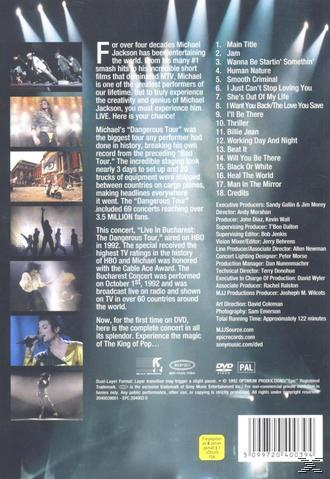 DVD-Rückseite mit Text und Bildern von Michael Jacksons Dangerous Tour.