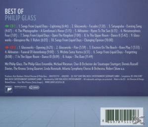 CD-Rückseite, Best of Philip Glass Titelliste, weißer Text auf dunklem Hintergrund, Barcode.