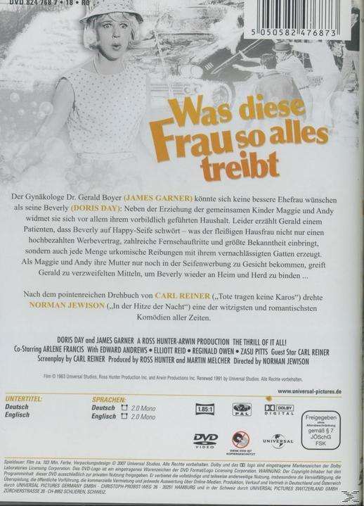 Filmdvd-Cover mit einer Frau vorne. Text ist auf Deutsch. Der Titel lautet 'Was diese Frau so alles treibt'.