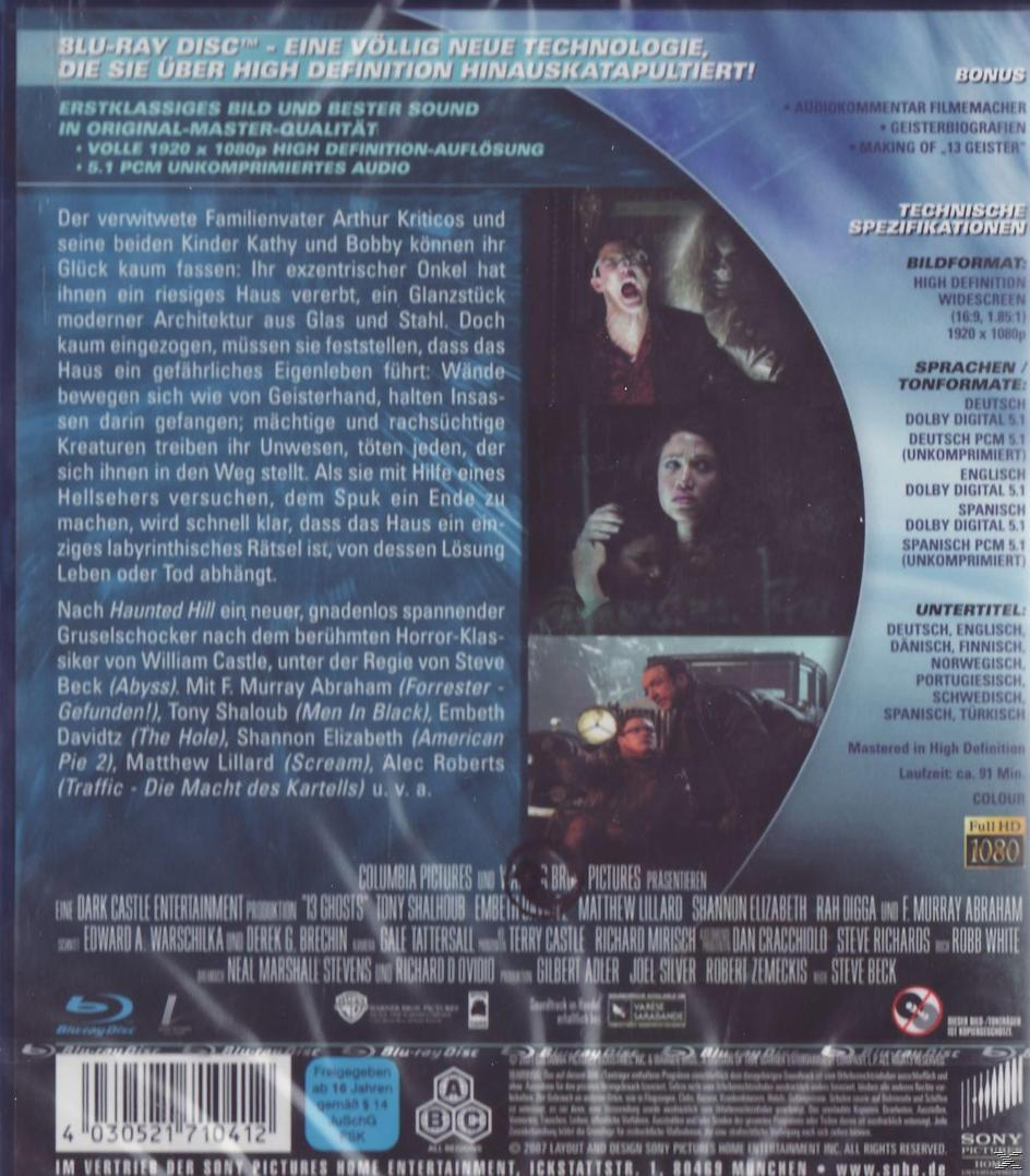 Blu-ray Disc-Cover für '13 Ghosts'. Zeigt mehrere Schauspieler und ein Haus im Hintergrund.