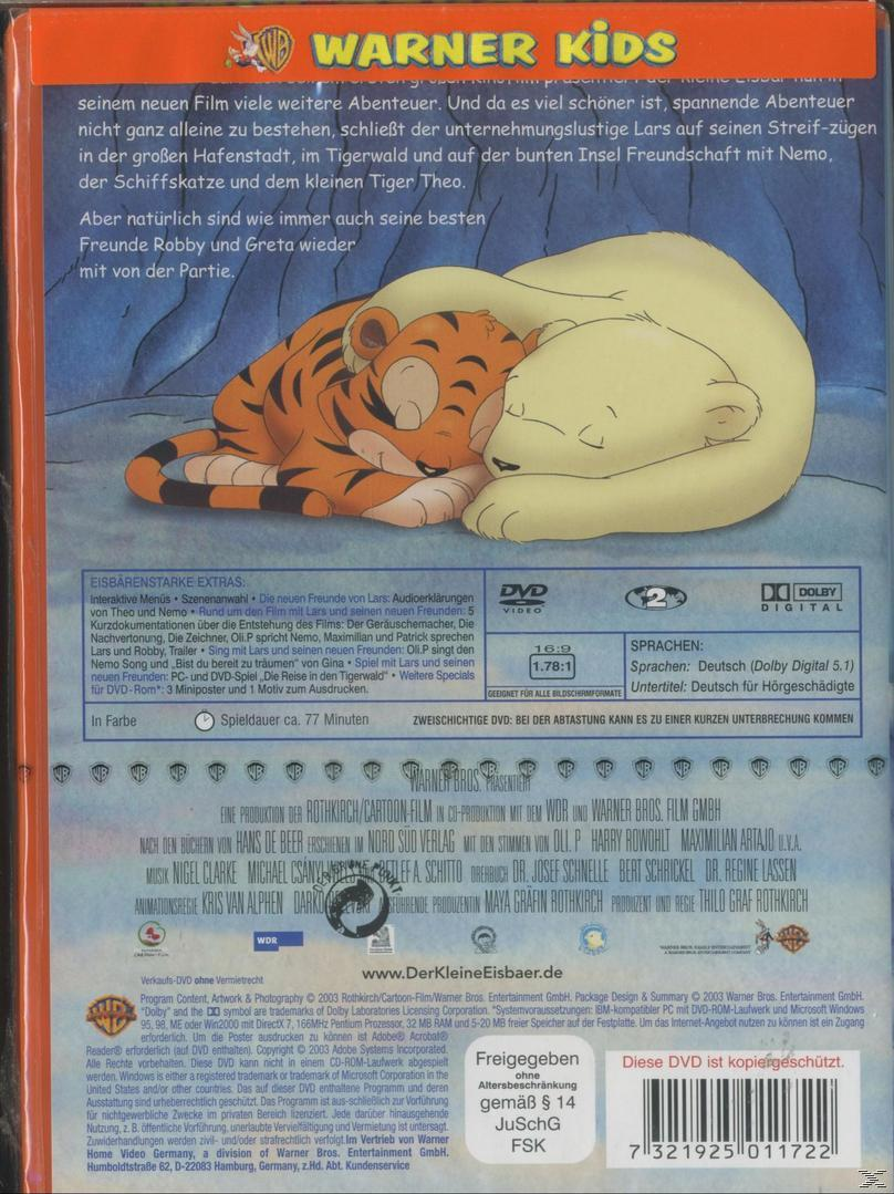 DVD-Cover für den Animationsfilm 'Der kleine Eisbär'. Es zeigt einen orangenen Tiger und einen weißen Eisbären.