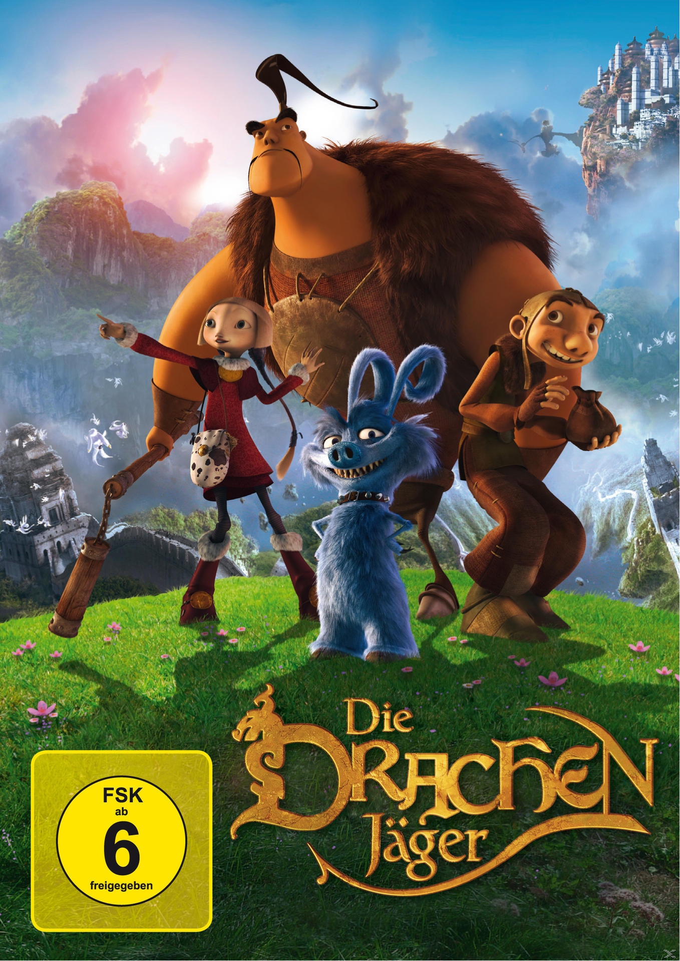 Filmposter: Cartoon-Charaktere auf grünem Gras. Titel: Die Drachenjäger.