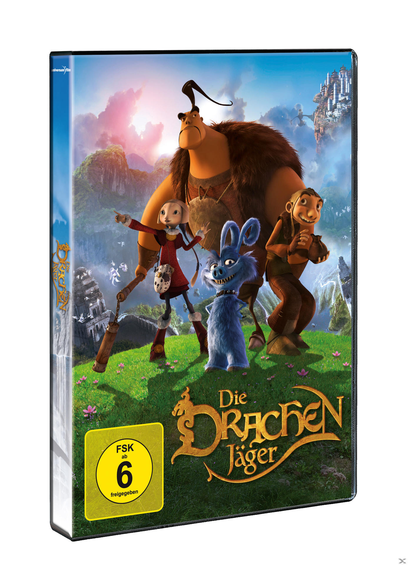DVD-Cover mit Zeichentrickfiguren in einer Fantasieszene. Titel: Die Drachenjäger.