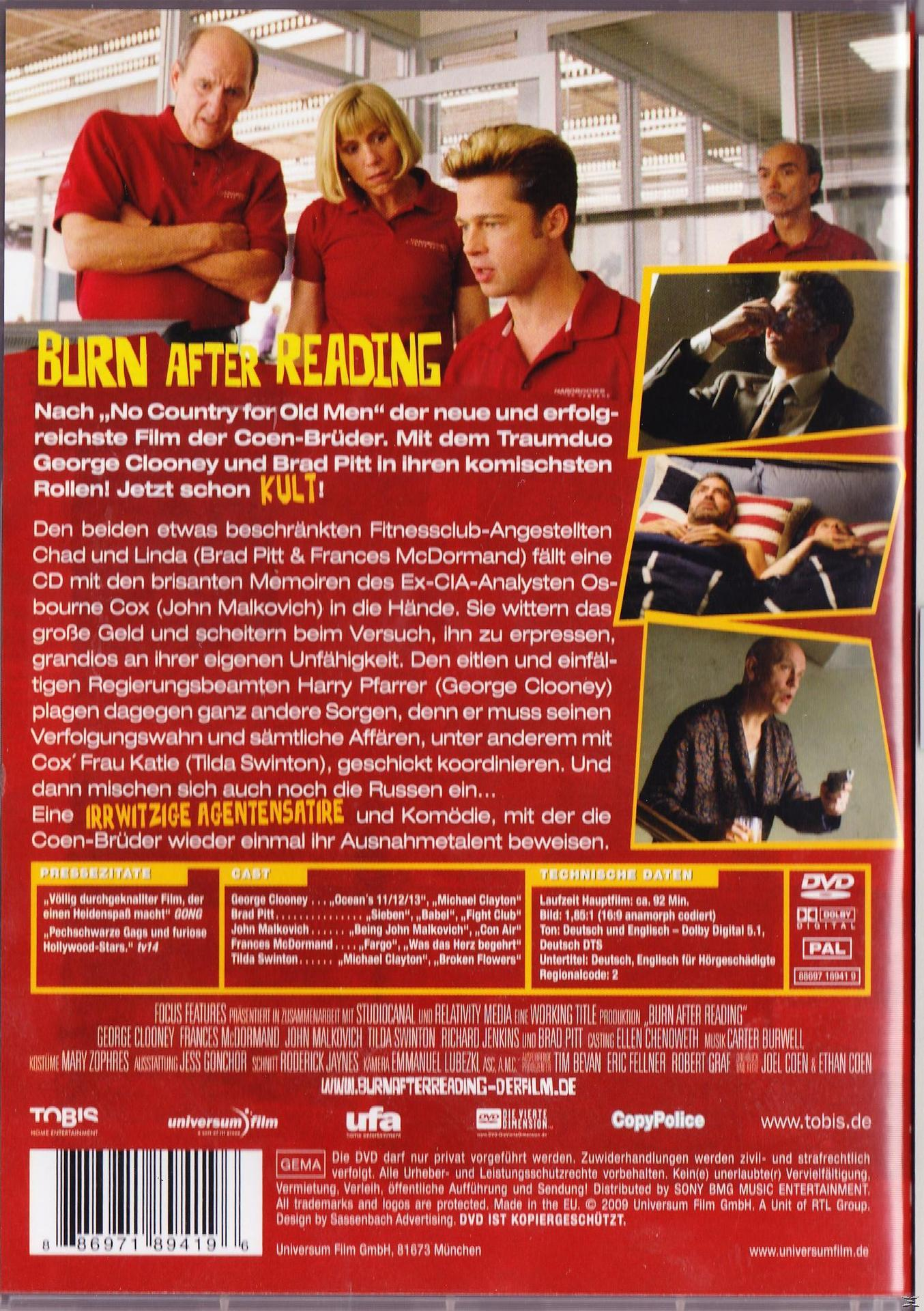 DVD-Cover von 'Burn After Reading'. Schauspieler sind Brad Pitt, George Clooney und Frances McDormand.