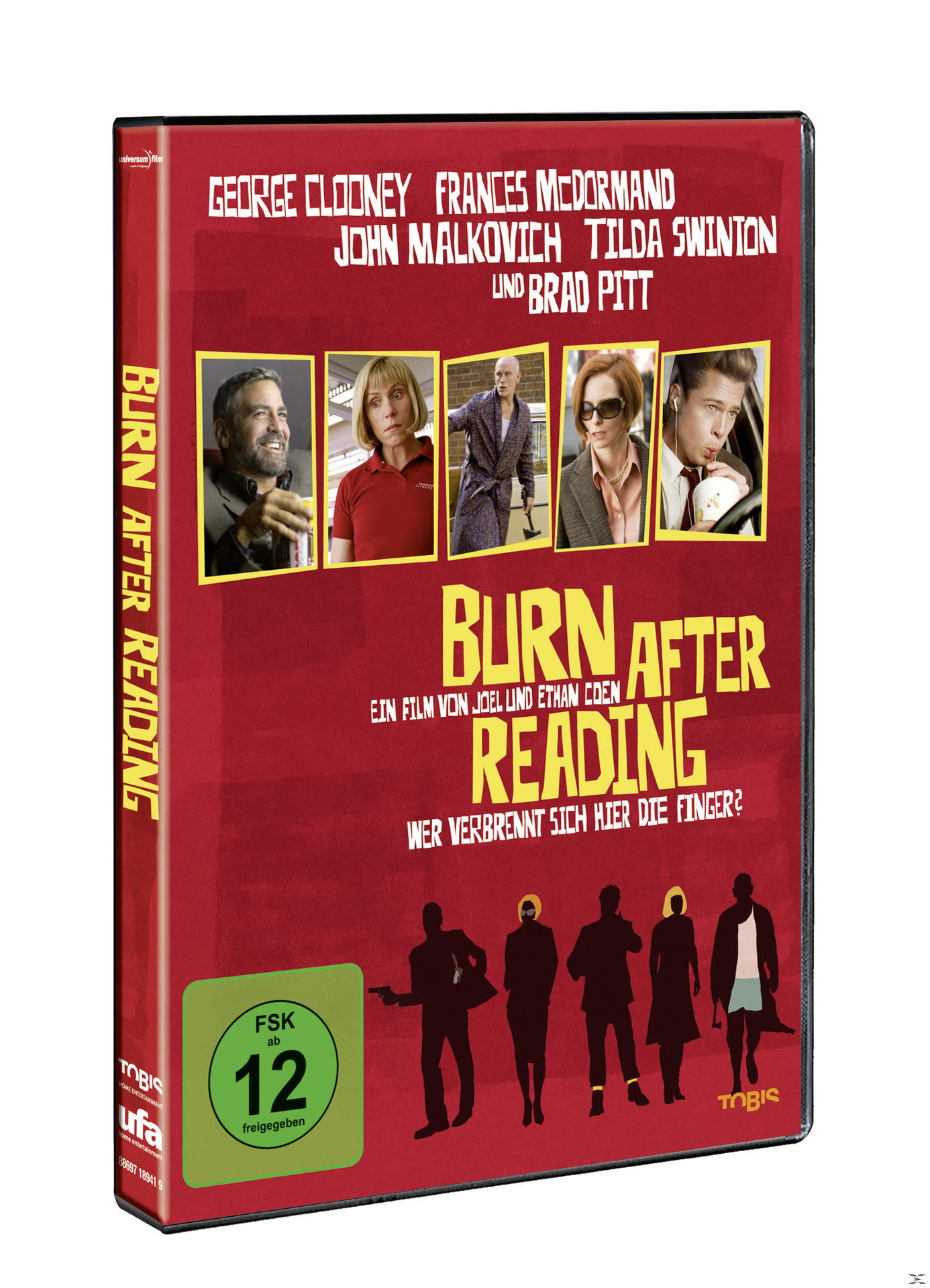 DVD-Cover: Fotos der Schauspieler, Titel 'Burn After Reading' und ein grünes Bewertungssymbol.