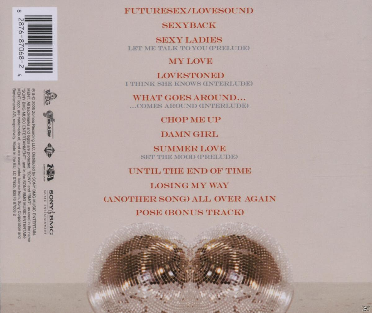 Rückseite einer CD-Hülle mit Titelliste. Der Albumtitel lautet 'Futuresex/Lovesound'. Der Künstler ist unbekannt.