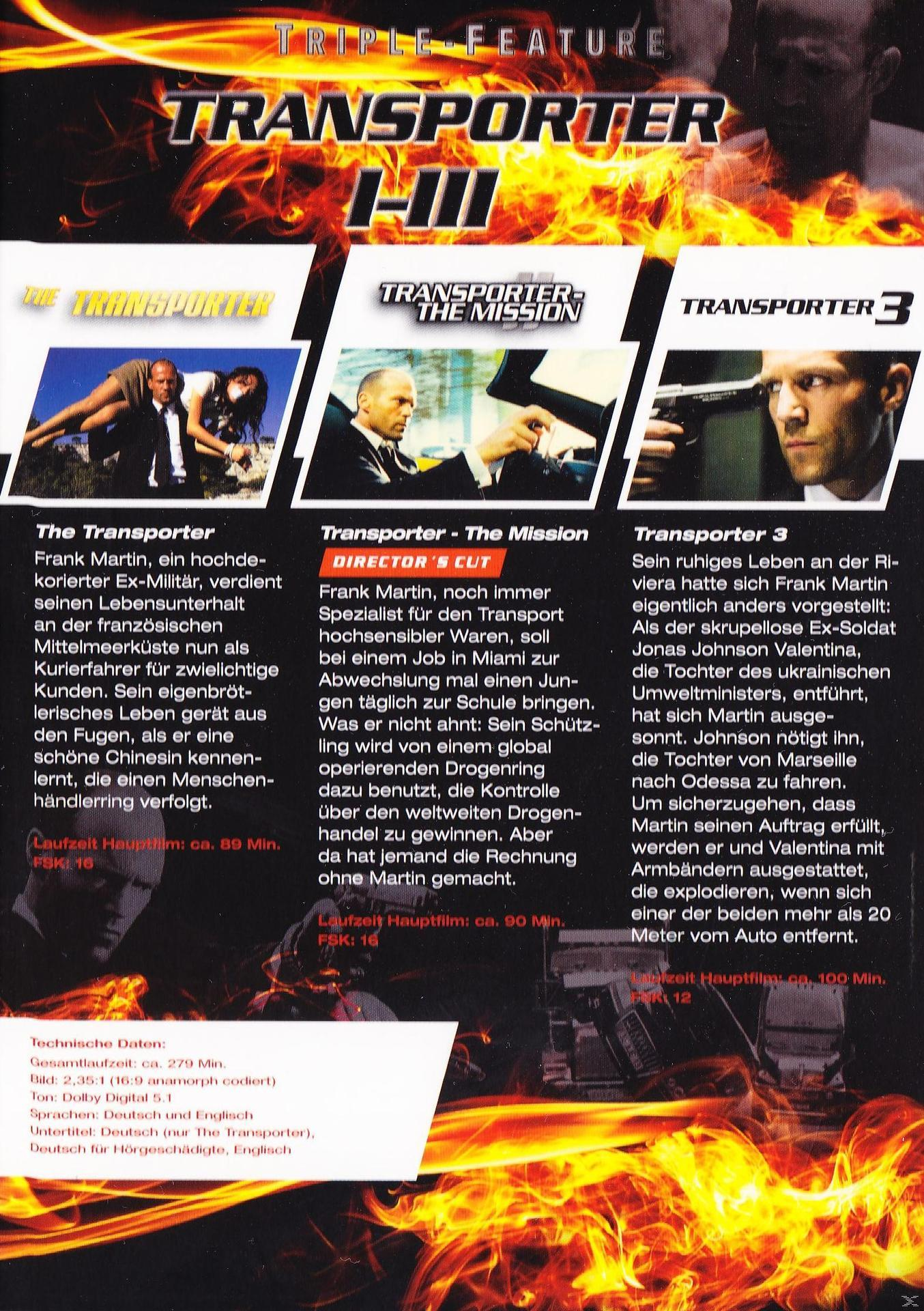 Triple-Feature-DVD-Hülle von Transporter I-III. Enthält die Filmplakate mit Text.