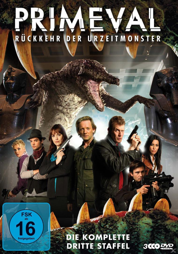 DVD-Cover mit mehreren Personen und einem Dinosaurier. Titel lautet 'Primeval' in großen Buchstaben.