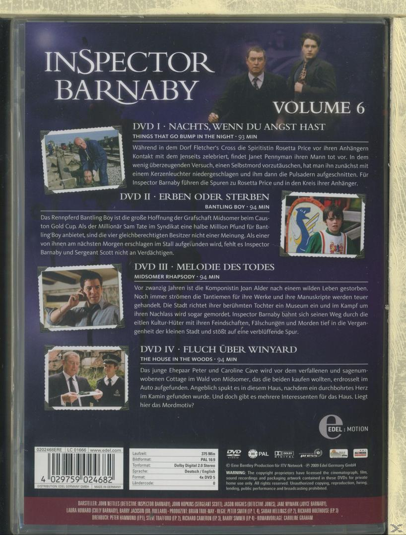 DVD-Cover für Inspector Barnaby Volume 6 mit Schauspielern in einer Detektivumgebung.