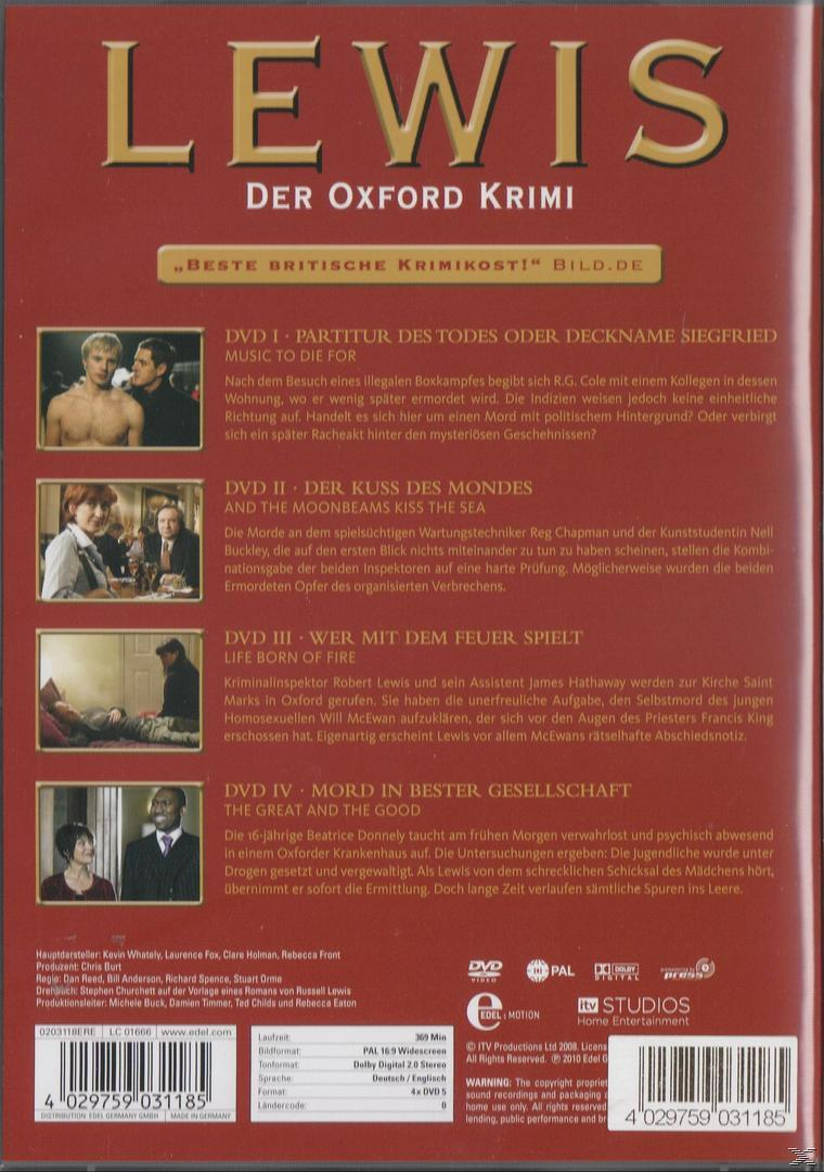 Lewis: Der Oxford Krimi DVD-Cover, mit Schauspielerbildern und Episodentiteln auf Englisch und Deutsch.
