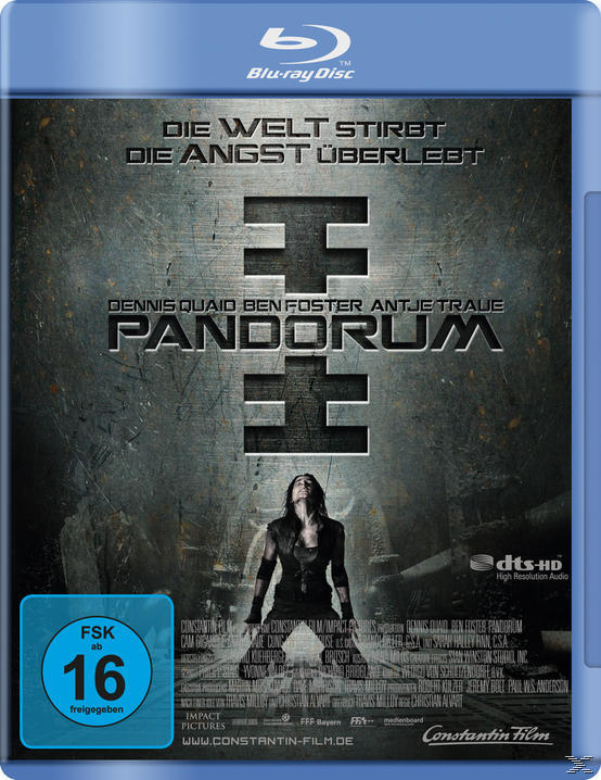 Blu-ray-Cover mit einer Frau, dem Titel "Pandorum" und Text auf Deutsch. Blaue Hülle, mit einer FSK 16-Einstufung.