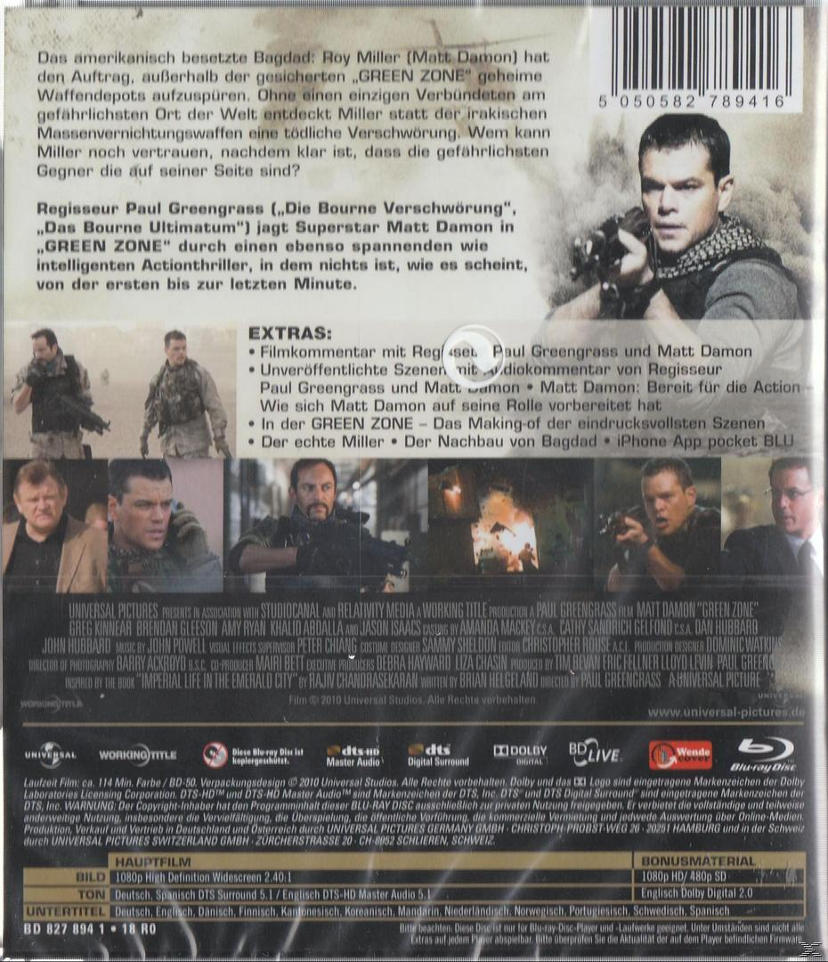 Green Zone DVD-Rückseite. Matt Damon mit Soldaten in Kriegs-Szene, Text und Filmdetails.