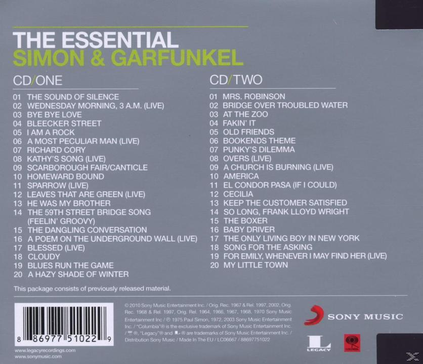 Album-Rückseite mit Titelliste für 'The Essential Simon & Garfunkel'. Zwei CDs gelistet.