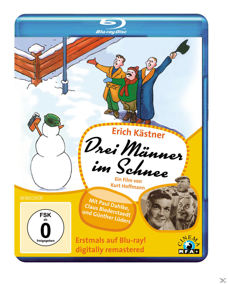 Blu-ray-Cover mit einem Schneemann und drei Männern. Text: 'Drei Männer im Schnee'.