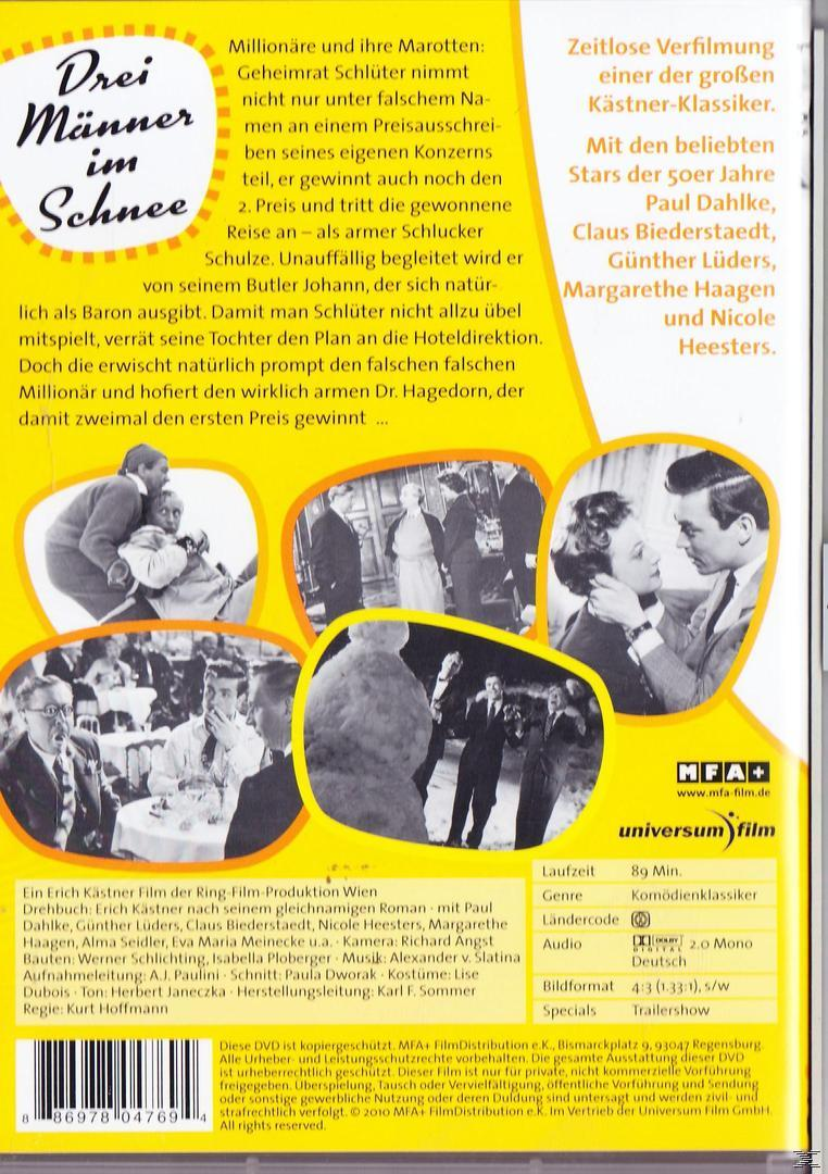 DVD-Cover mit zwei Schauspielern und dem Filmtitel 'Drei Männer im Schnee' auf Deutsch.