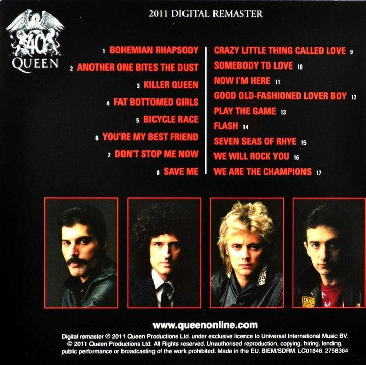 Queen-Albumcover. Schwarzer Hintergrund mit Titelliste. Fotos der Bandmitglieder unten.