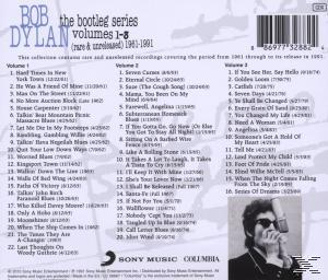 Albumcover mit einer Liste von Titeln und Bob Dylans Bild. Die Texte befinden sich auf grauem Hintergrund.