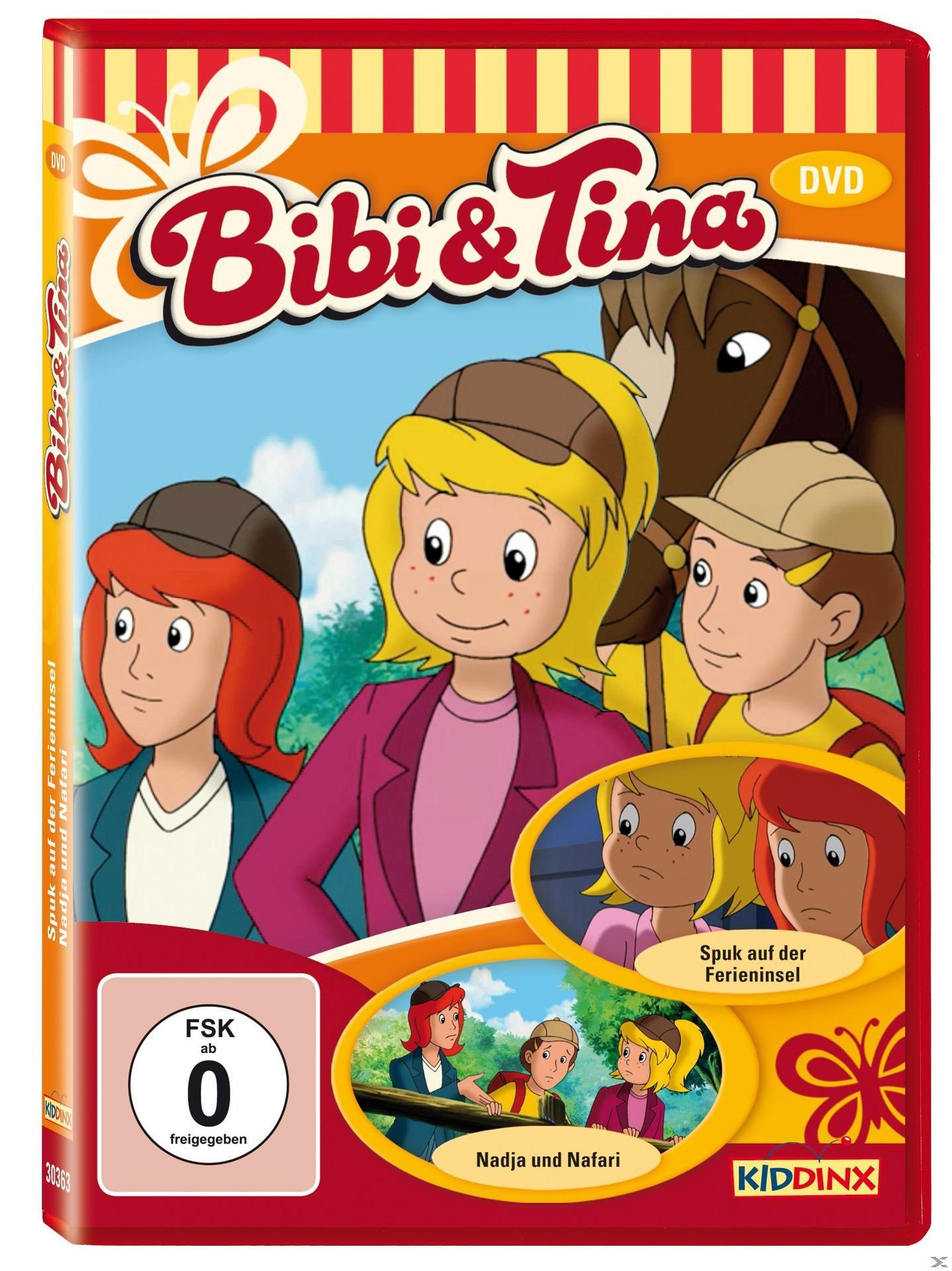 Cartoon-Cover. Vier Mädchen und ein Pferd an einem sonnigen Tag. Der Titel ist Bibi & Tina.
