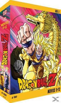Dragon Ball Z Box-Set. Goku mit gelben Haaren boxt, mit einem Drachen dahinter. Box hat Filme 9-12 drauf.