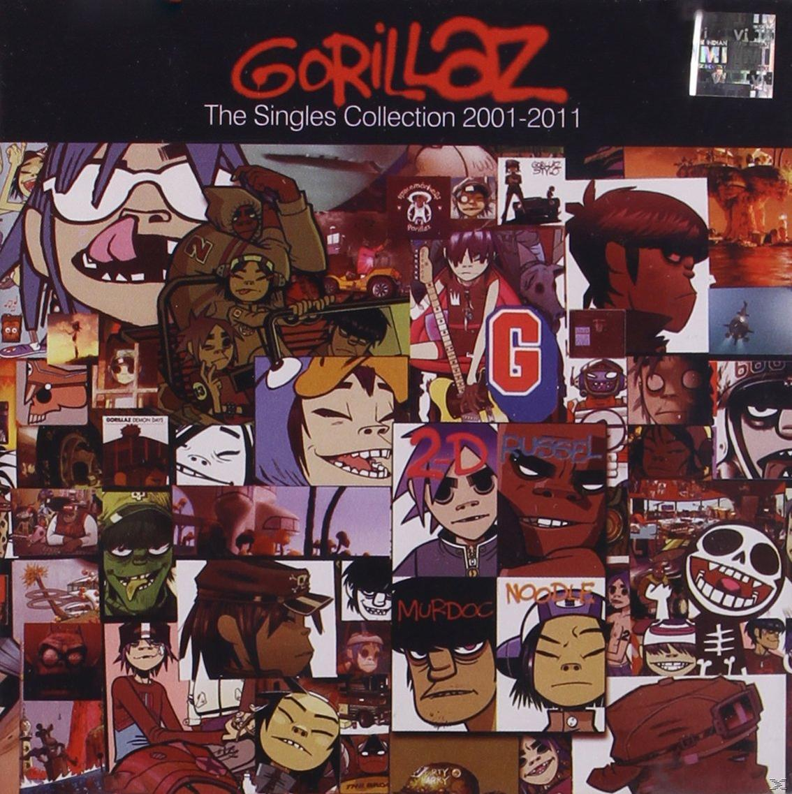 Albumcover für Gorillaz: The Singles Collection 2001-2011, mit Collage der Bandmitglieder und Kunstwerken.