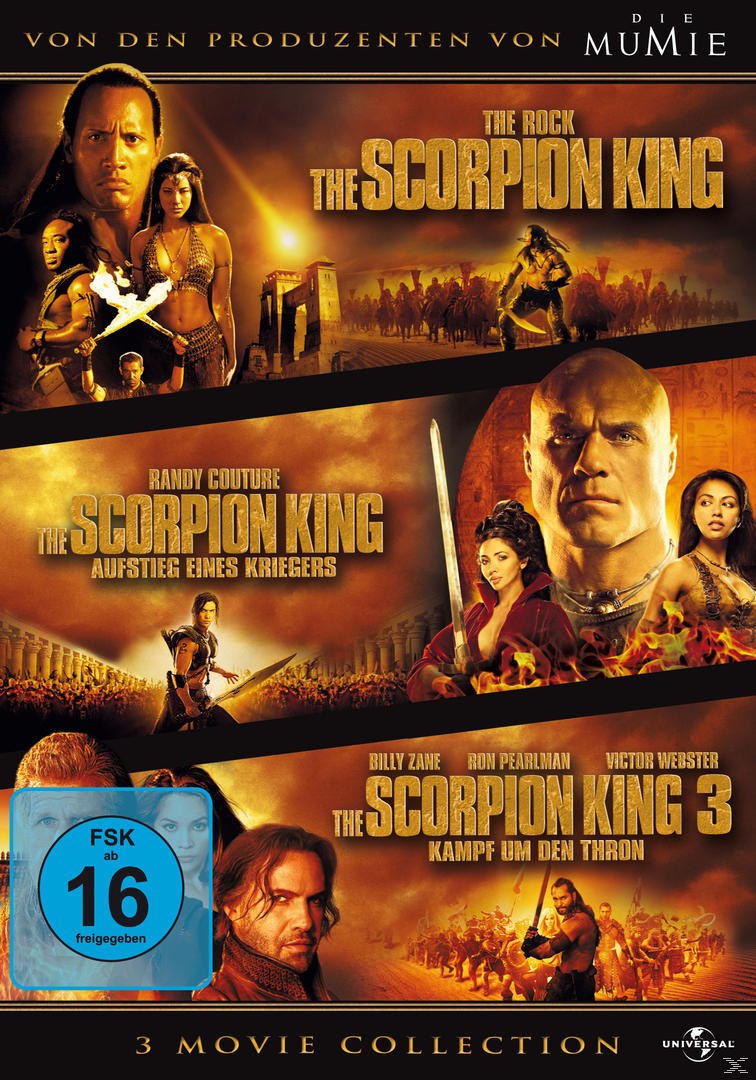 DVD-Cover von drei The Scorpion King-Filmen mit The Rock und anderen Schauspielern.