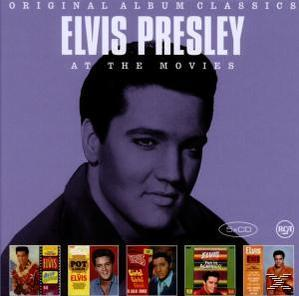 Albumcover von Elvis Presley mit mehreren Albumcovern unten auf lila Hintergrund.