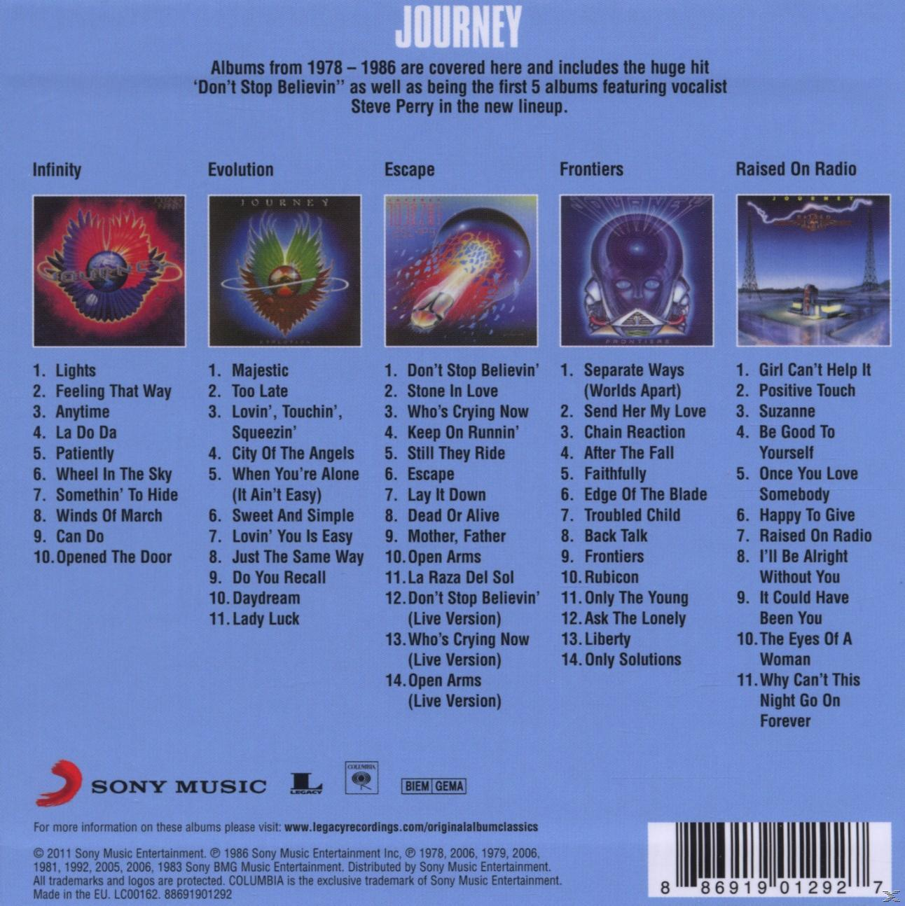 CD-Cover mit Journey-Album-Trackliste, Albumcover im Hintergrund.