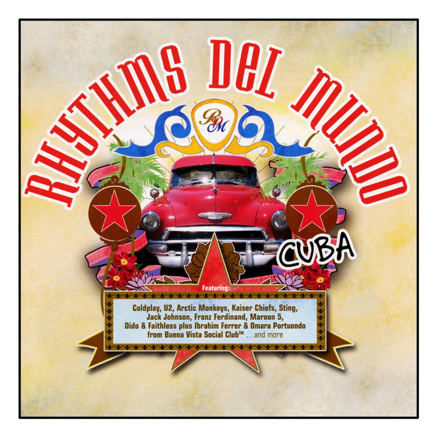 Albumcover mit rotem Auto, Text 'Cuba' und verschiedenen floralen Dekorationen.