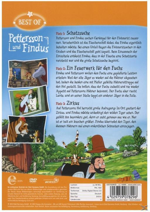 Pettersson und Findus DVD-Cover. Cartoon-Bilder von Katzen und anderen Tieren. Grüne Landschaft.