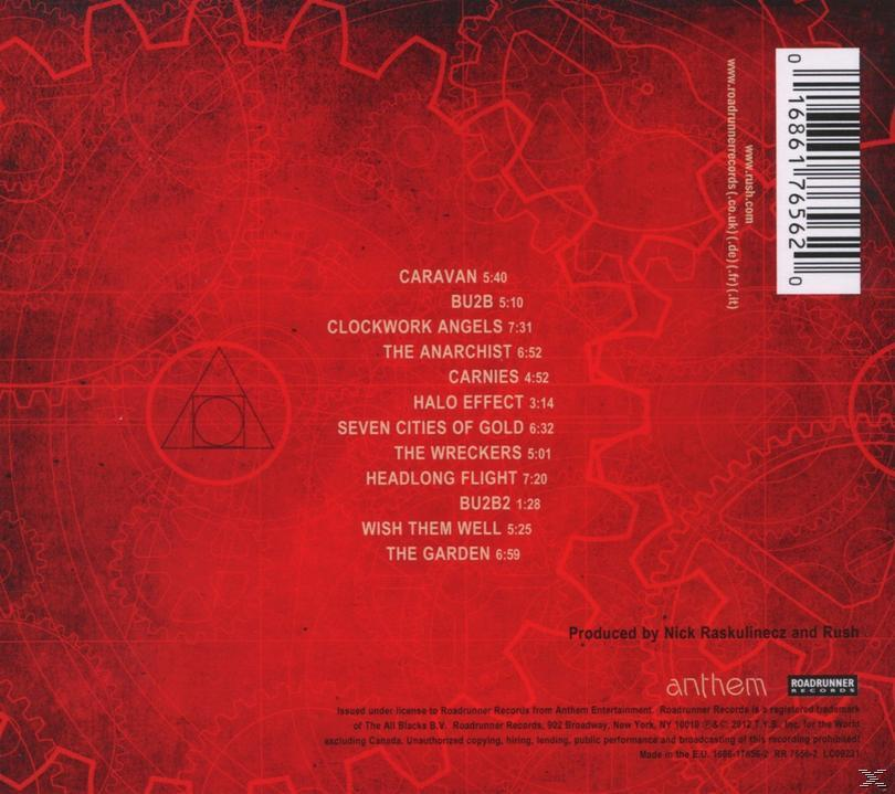 Rückseite eines Albums mit Text über die Songs und rotem Hintergrund mit Zahnrädern.