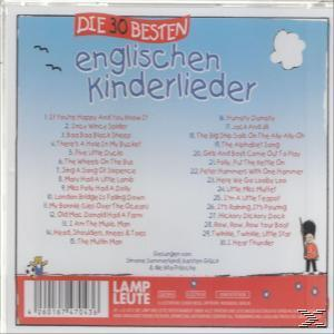 CD-Cover: "Die 30 Besten Englischen Kinderlieder" mit einer Titelliste und Illustrationen. Eine kleine Figur ist rechts.