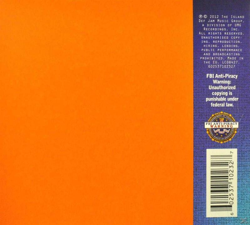 Oranger Hintergrund mit weißem Text und FBI-Warnlogo auf der rechten Seite. Enthält einen Barcode.