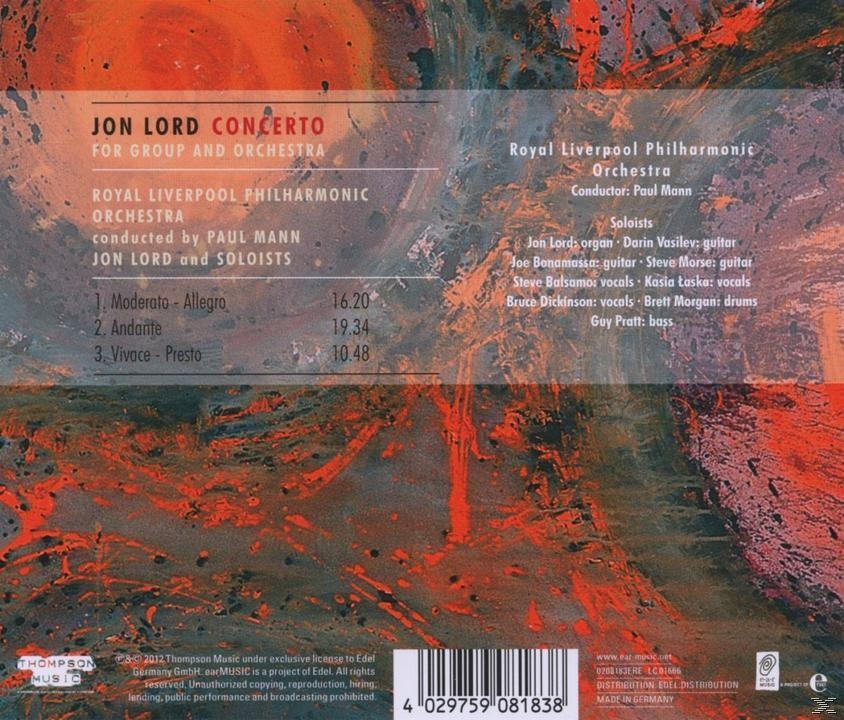 Album-Rückseite mit Jon Lords 'Concerto'-Titelliste und Credits. Roter und oranger Hintergrund.