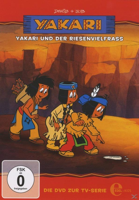 DVD-Cover mit Zeichentrickfiguren, Text 'Yakari' und 'Riesenvielfrass', Cartoon-Stil.