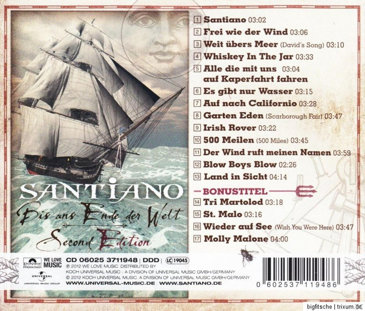 CD-Cover zeigt ein Schiff auf See, mit dem Titel 'Santiano' und der Titelliste, auf beigefarbenem Hintergrund.